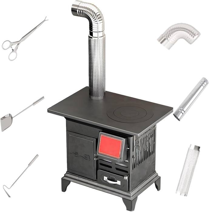 Stufa cucina a legna in ghisa con kit tubi e accessori